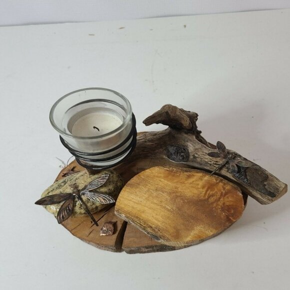 Hand Made Wood Slice Metal and Stone Candle Holder - Picture 2 of 11